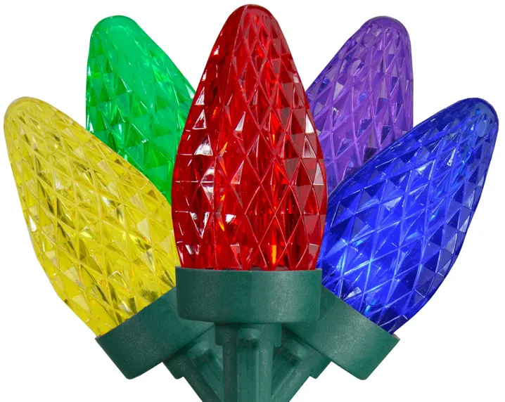 50 Count Multi-Color LED C7 Faceted Christmas Lights  20.25 ft Green Wire