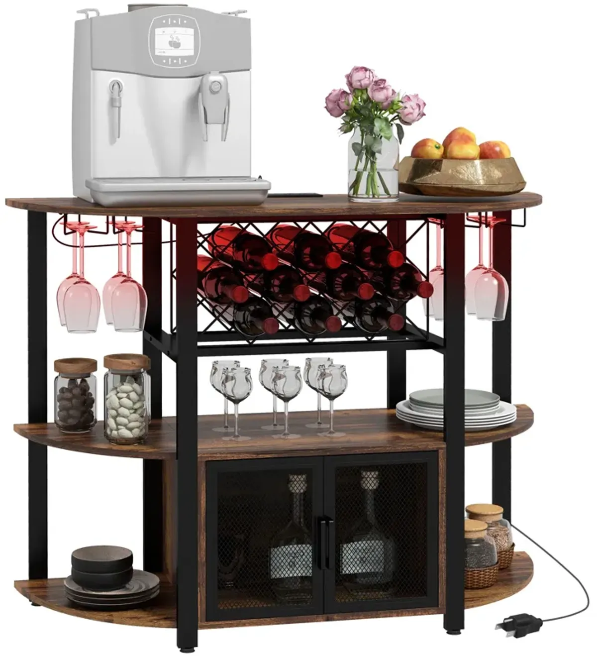 HOMCOM LED Wine Cabinet with Charging Station, Wine Racks, Glass Holders