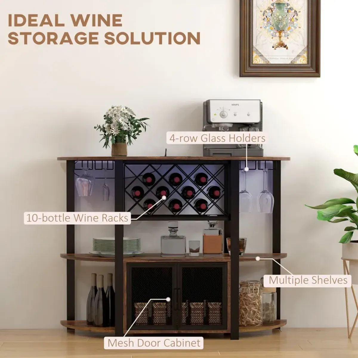 HOMCOM LED Wine Cabinet with Charging Station, Wine Racks, Glass Holders