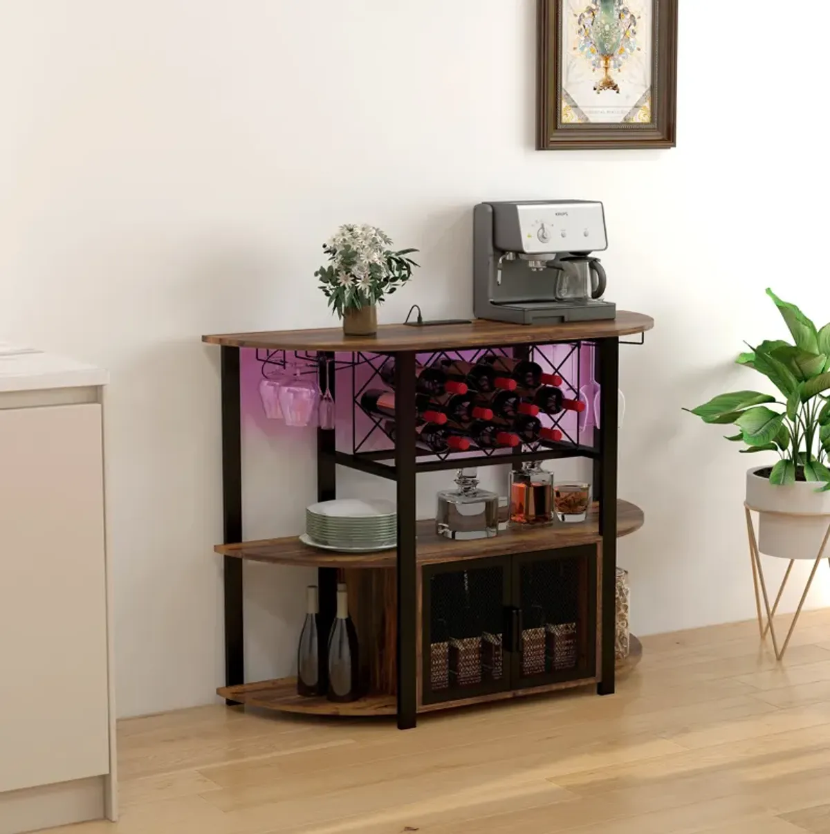 HOMCOM LED Wine Cabinet with Charging Station, Wine Racks, Glass Holders