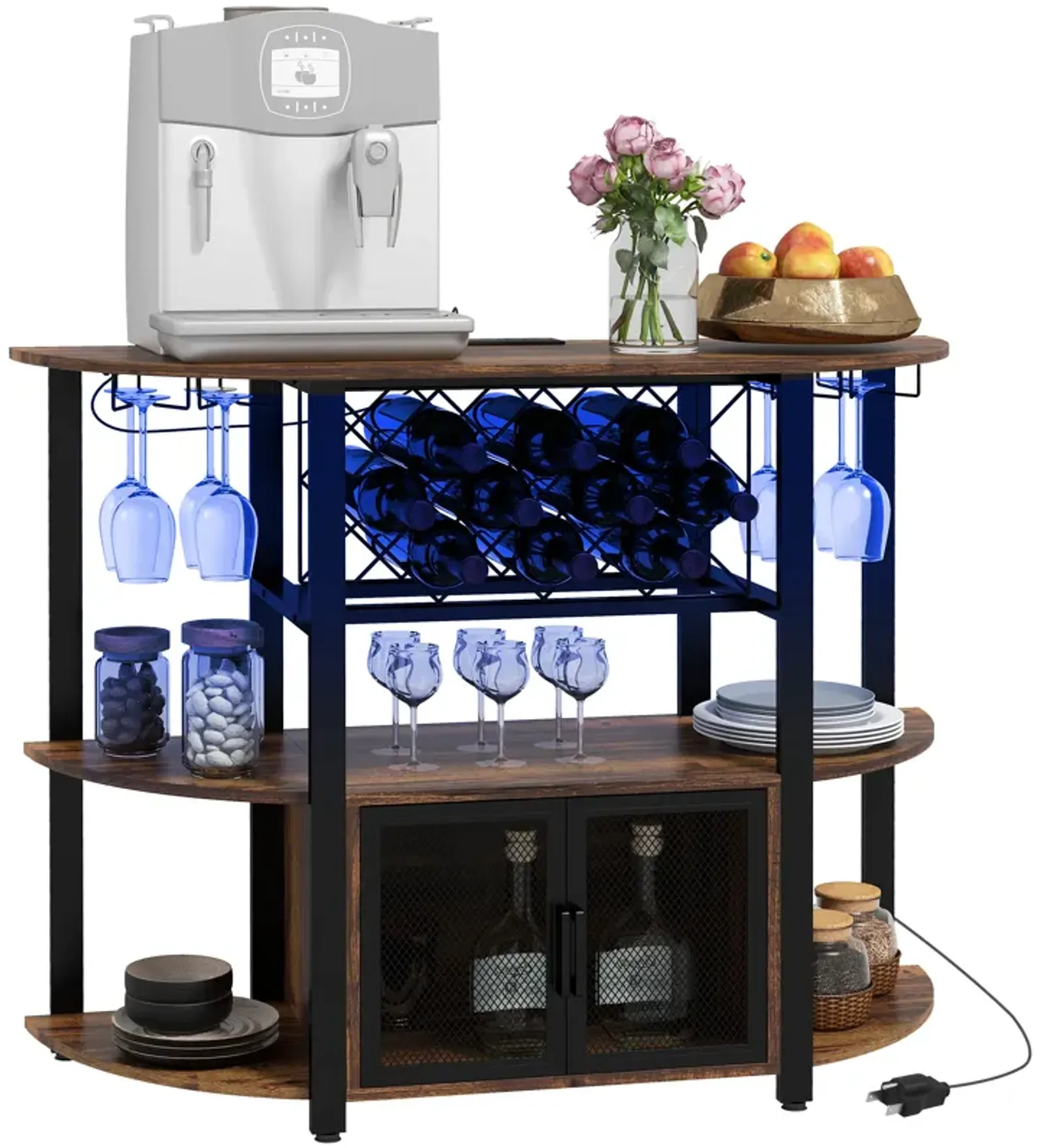 HOMCOM LED Wine Cabinet with Charging Station, Wine Racks, Glass Holders