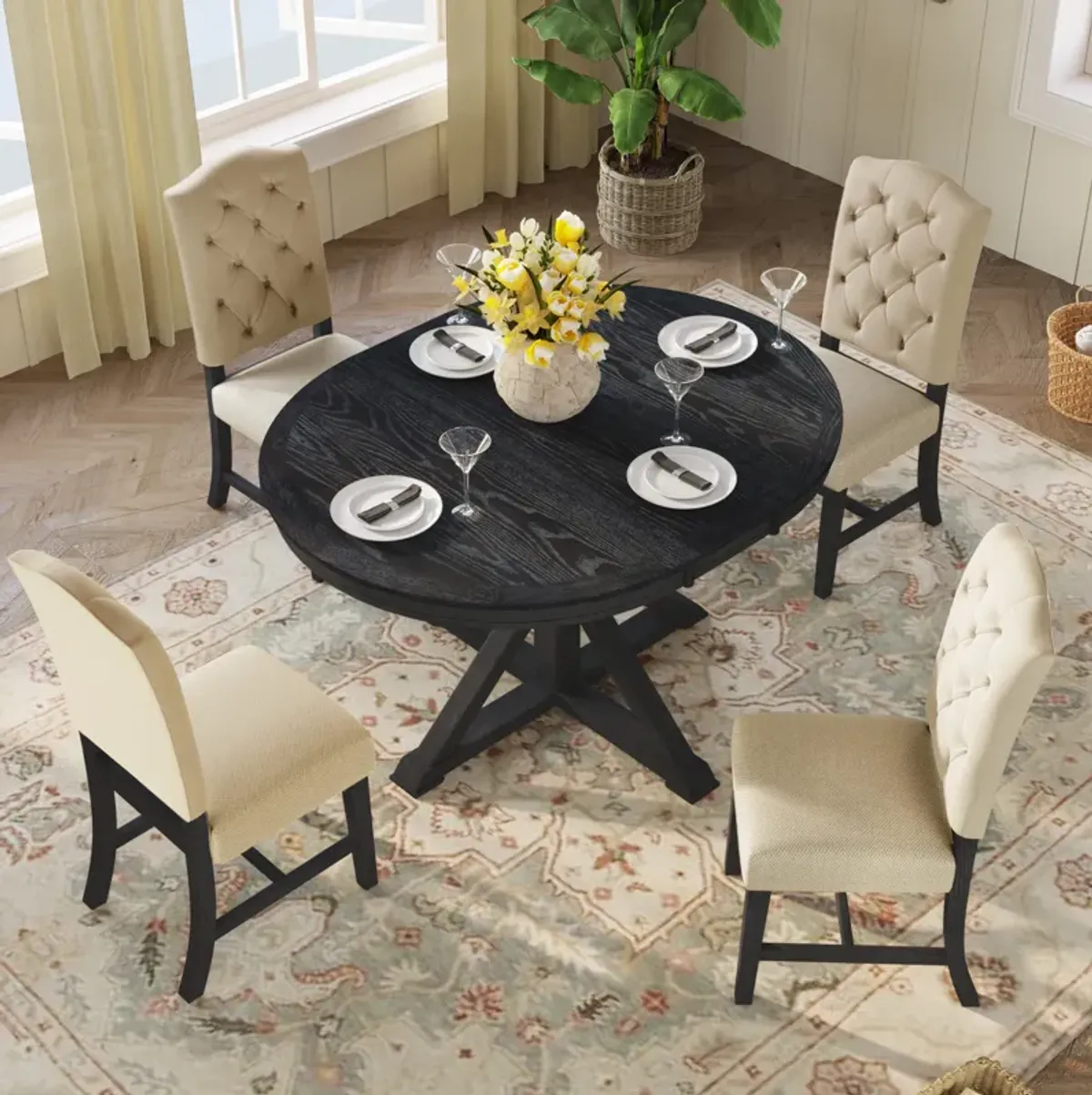 Merax Retro Style Dining Set with Extendable Table and 4 Chairs