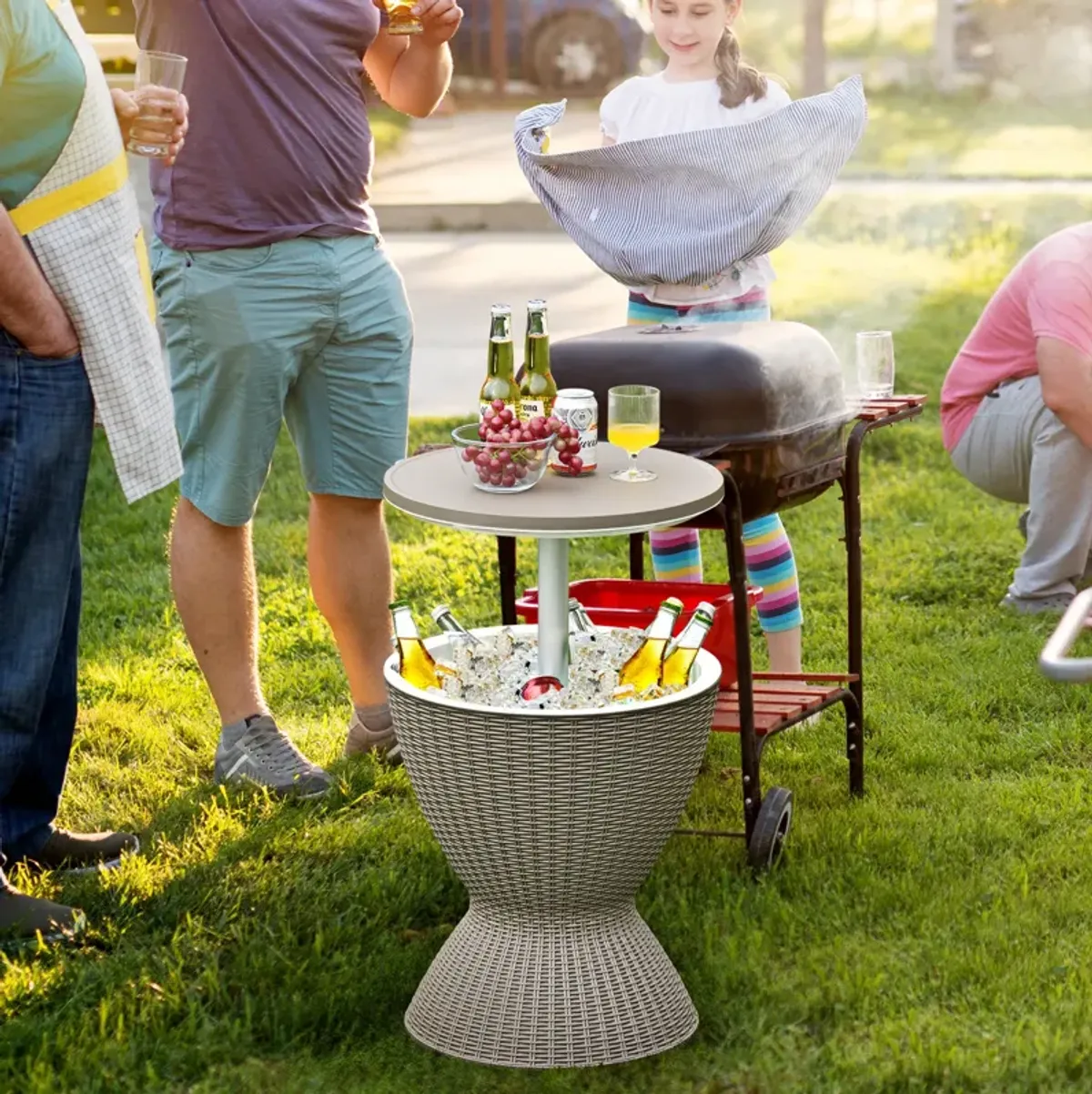 3 in 1 8 Gallon Patio Rattan Cooler Bar Table with Adjust Ice Bucket