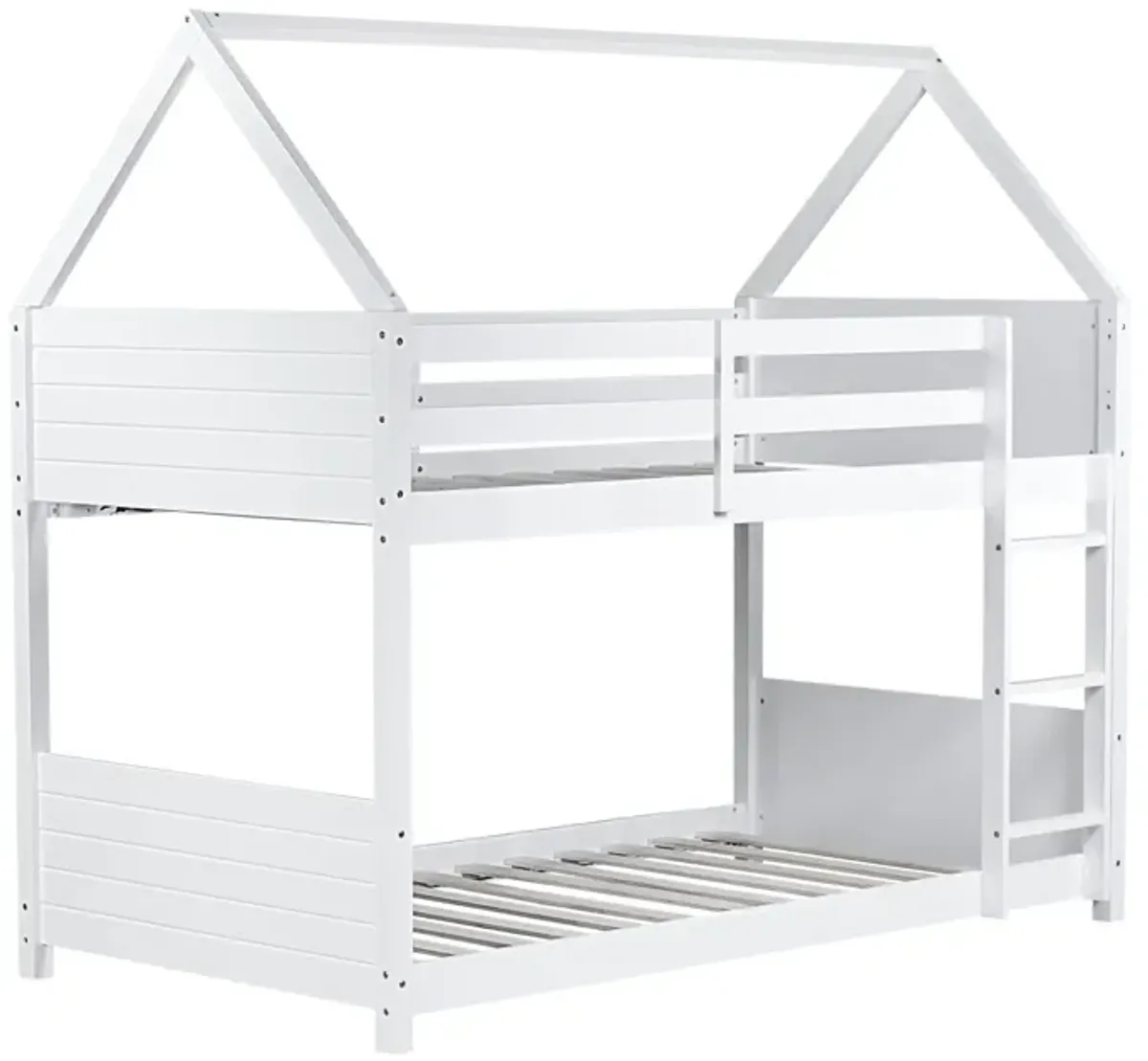 Whisen Twin Over Twin House Floor Bunk Bed with Headboards, Footboards, Guardrails and Ladder - White