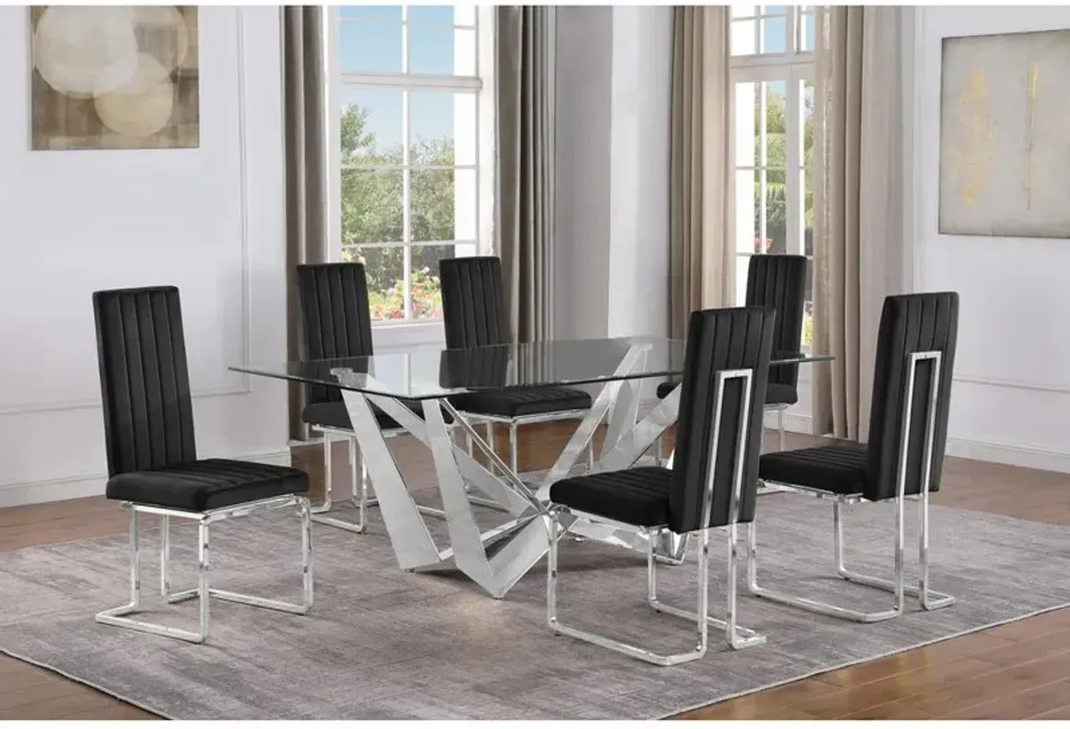 7pc Small(78") glass dining set with silver base and 6 Cream side chairs