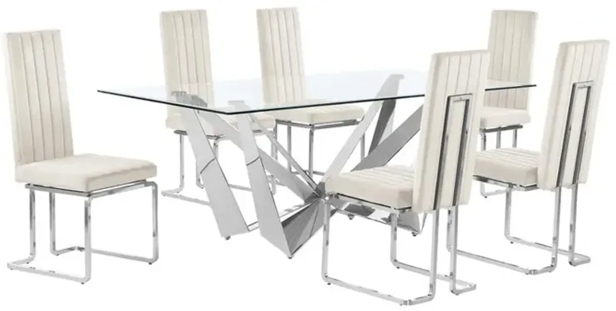 7pc Small(78") glass dining set with silver base and 6 Cream side chairs