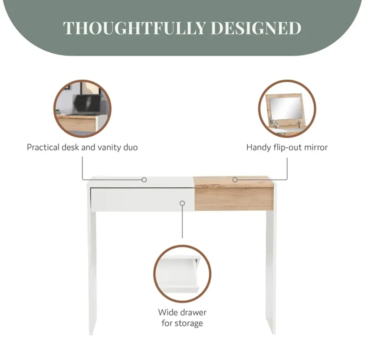 Niles Vanity Desk with 1 Drawer and Flip-Out Mirror, Oak/White