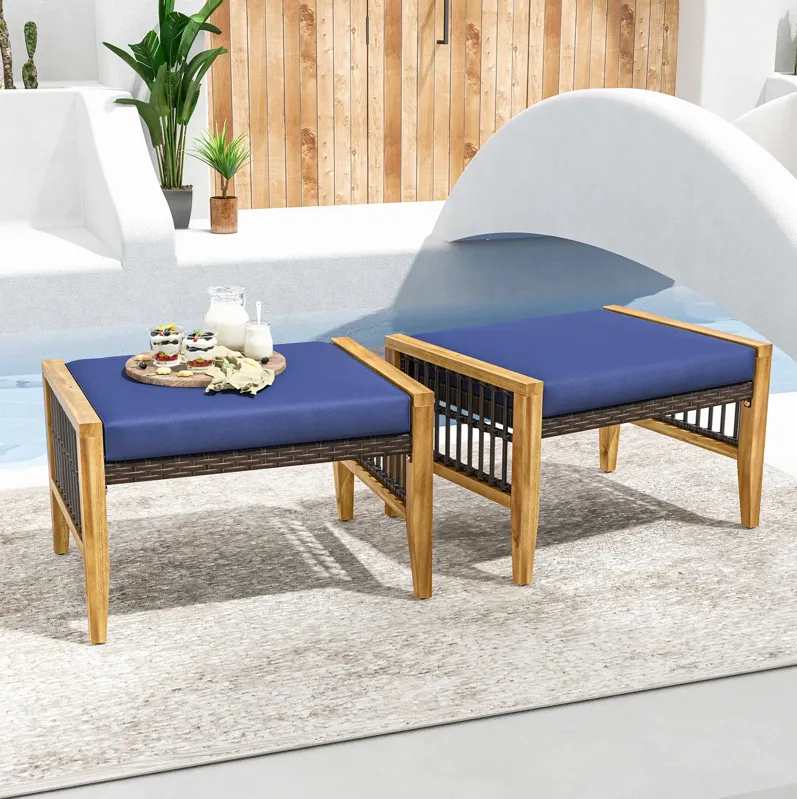 Patio Acacia Wood Ottomans with Cushions and Versatile Rattan Woven Footstools-Navy