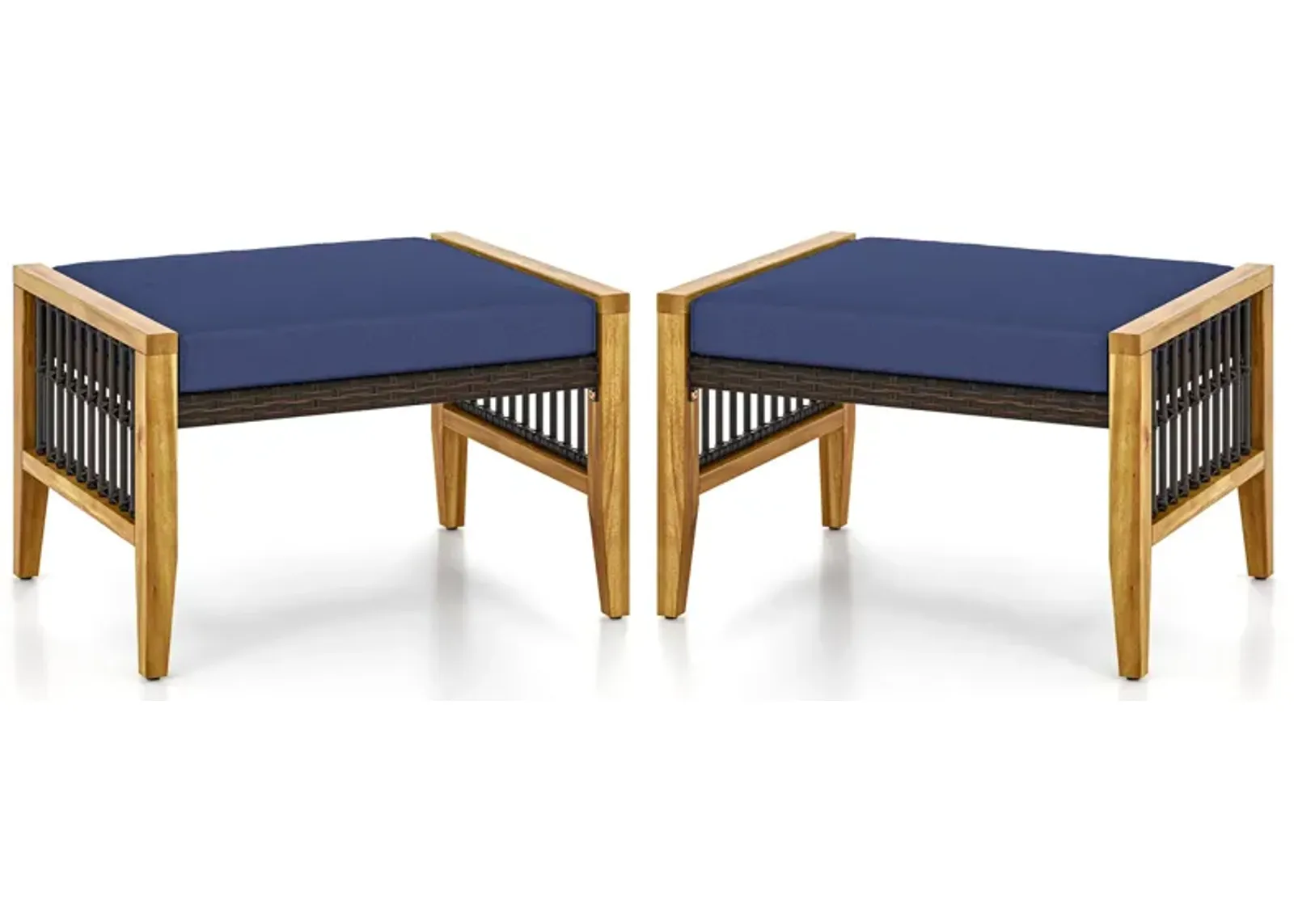 Patio Acacia Wood Ottomans with Cushions and Versatile Rattan Woven Footstools-Navy