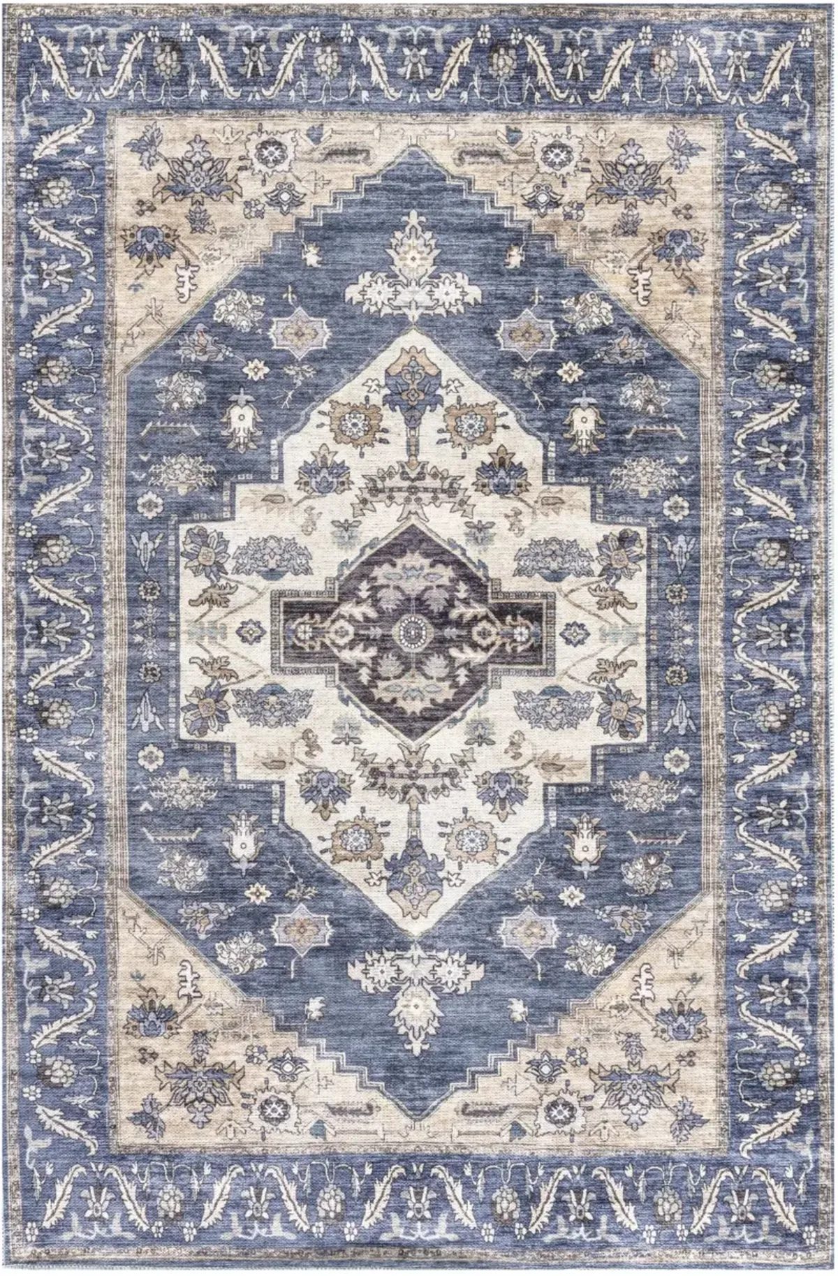 4 x 6 Blue and Beige Oriental Power Loom Distressed Washable Non Skid Area Rug