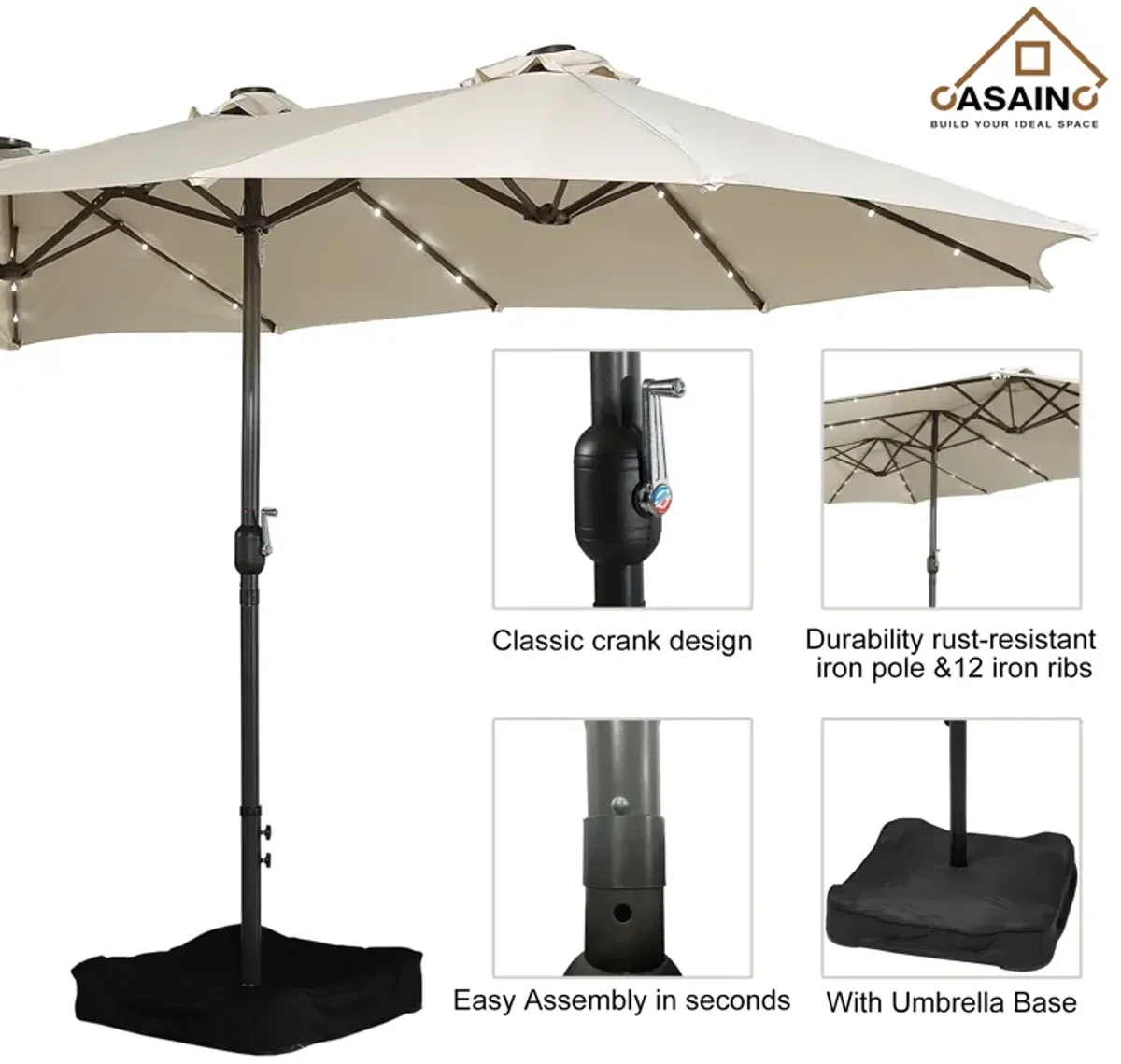 15ft Patio Maket Umbrella with base and led.