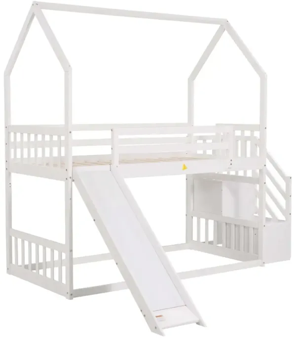 Whisen Twin over Twin House Bunk Bed with Convertible Slide and Storage Staircase - Gray