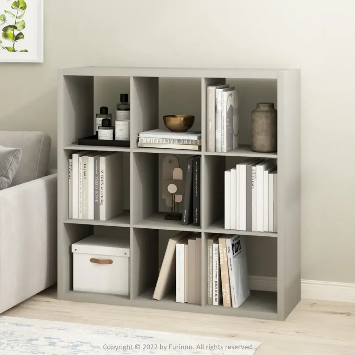 Furinno Cubicle Open Back Decorative Cube Storage Organizer, 9-Cube, Light Grey