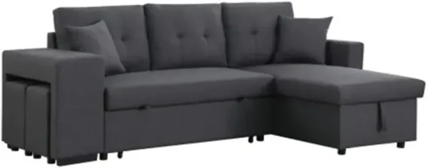 Light Gray Linen Fabric Reversible Sleeper Sectional with Storage Chaise and 2 Stools