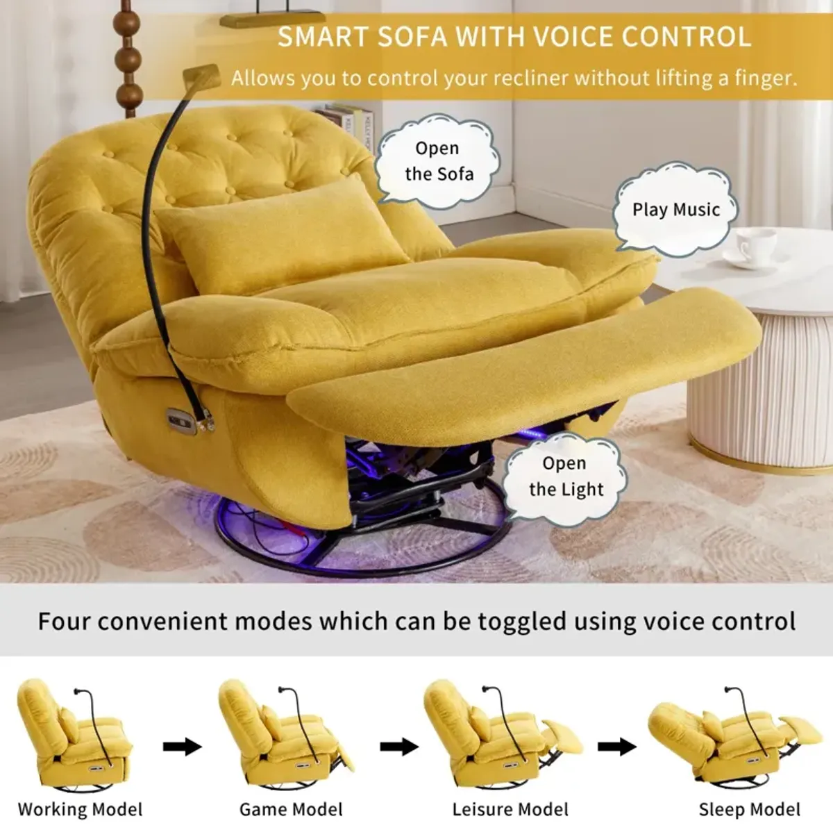 Yellow Power Recliner with Voice Control & Bluetooth