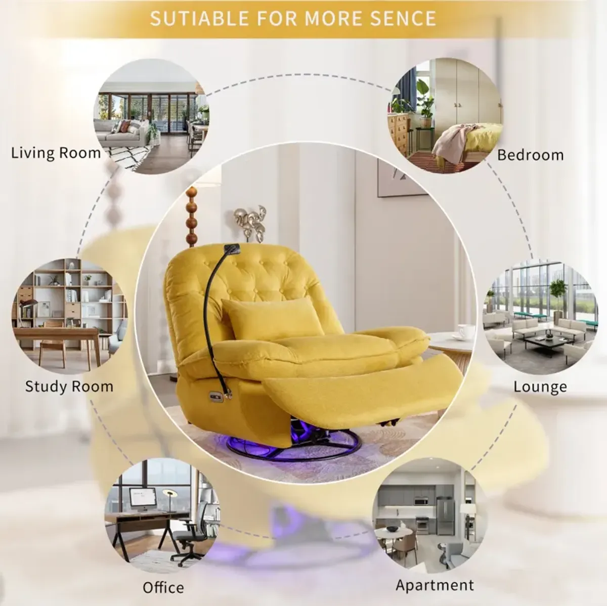 Yellow Power Recliner with Voice Control & Bluetooth