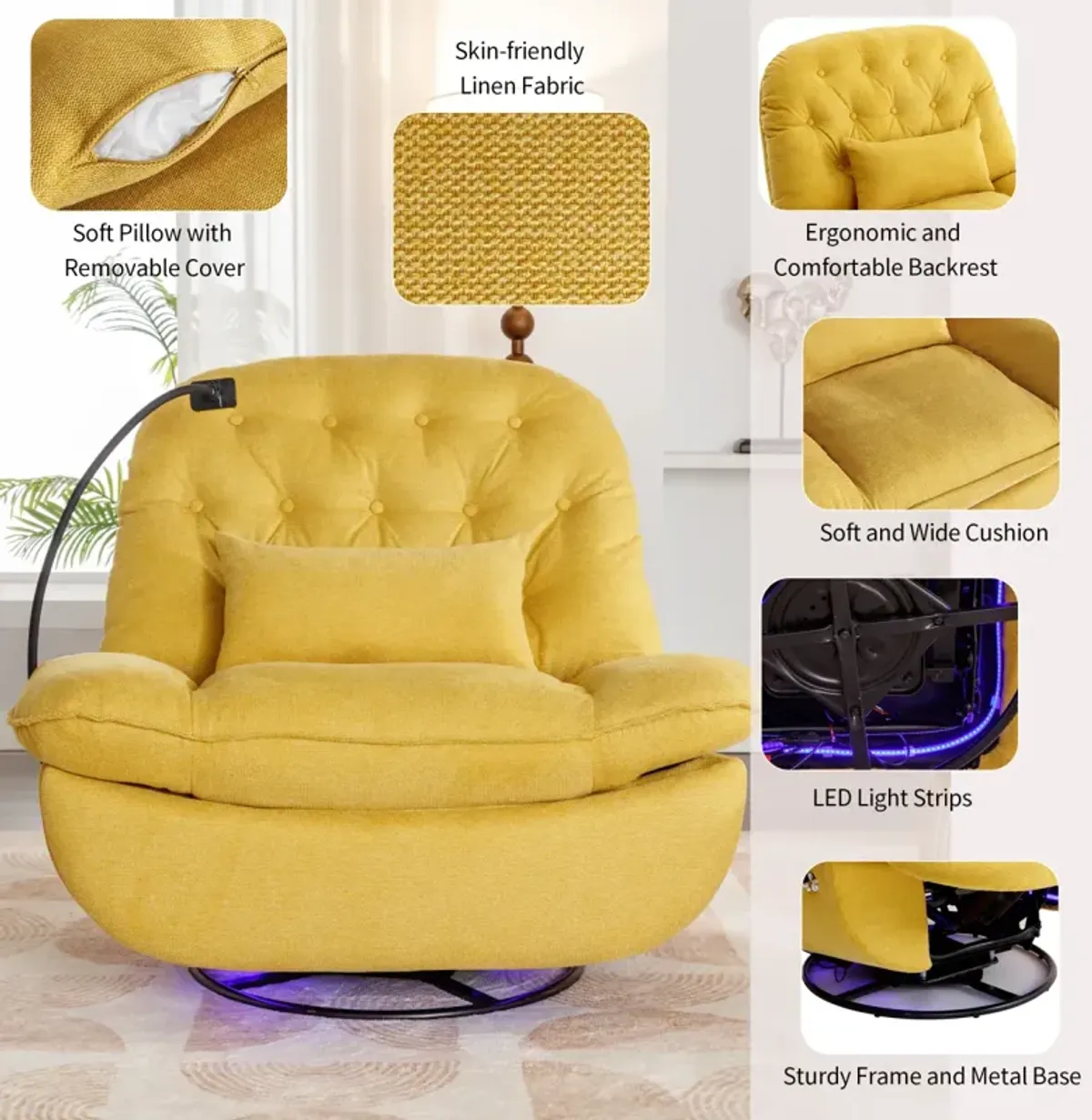 Yellow Power Recliner with Voice Control & Bluetooth