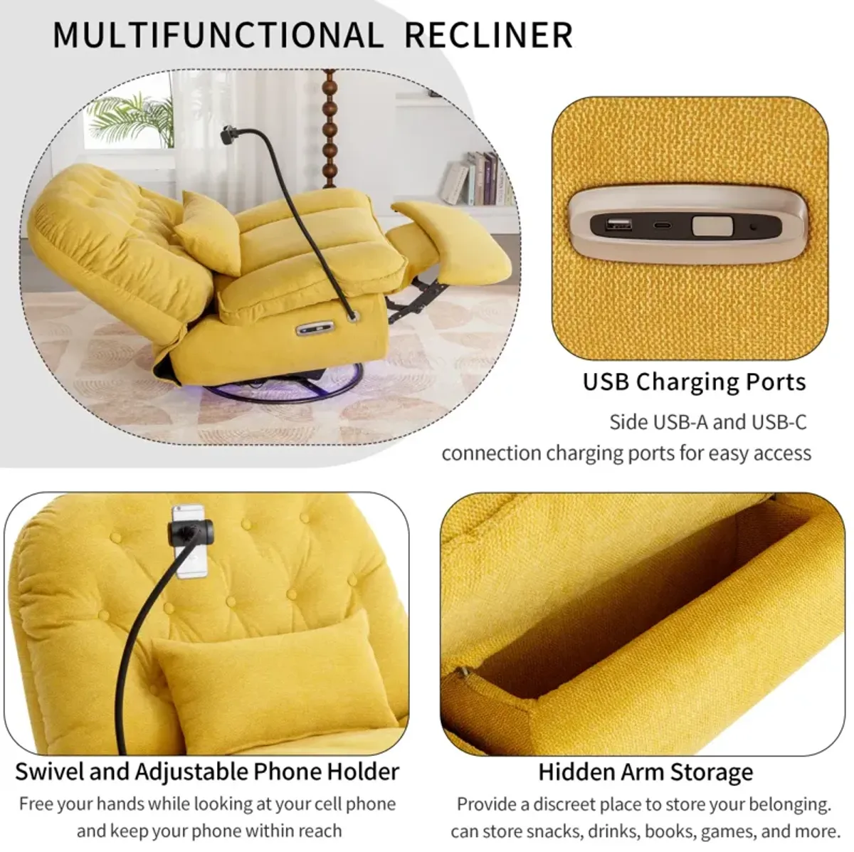 Yellow Power Recliner with Voice Control & Bluetooth