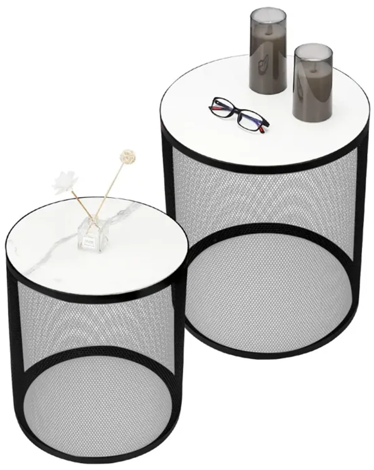 Set Of 2 Nesting Metal Round Coffee Table, Side Table MDF Top End Table Nightstand For Indoor