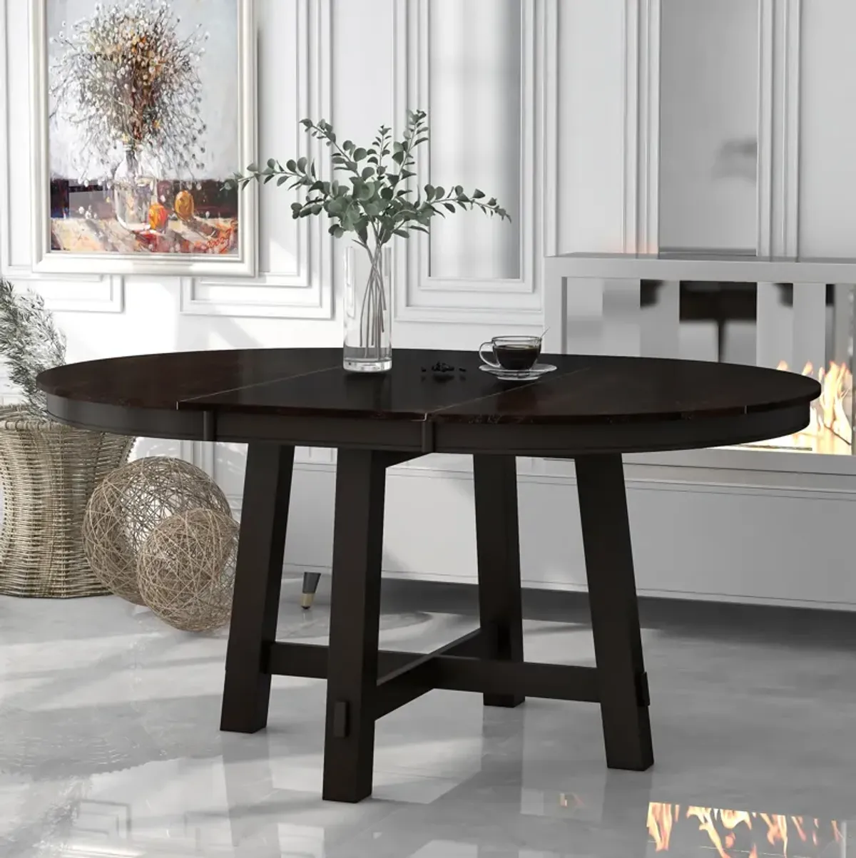 Farmhouse Round Extendable Dining Table With 16 Leaf Wood Kitchen Table