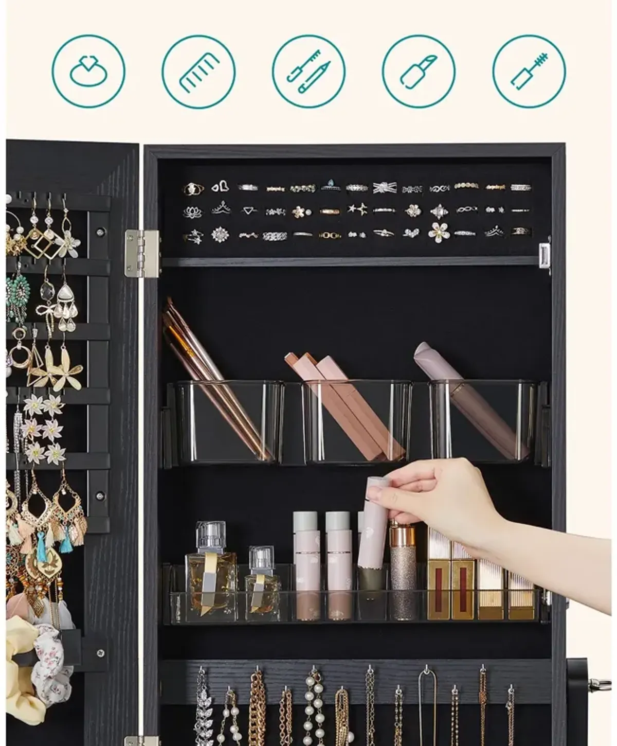 Mirror Jewelry Armoire with Lock, Freestanding Design, and 2 Plastic Cosmetic Storage Compartments