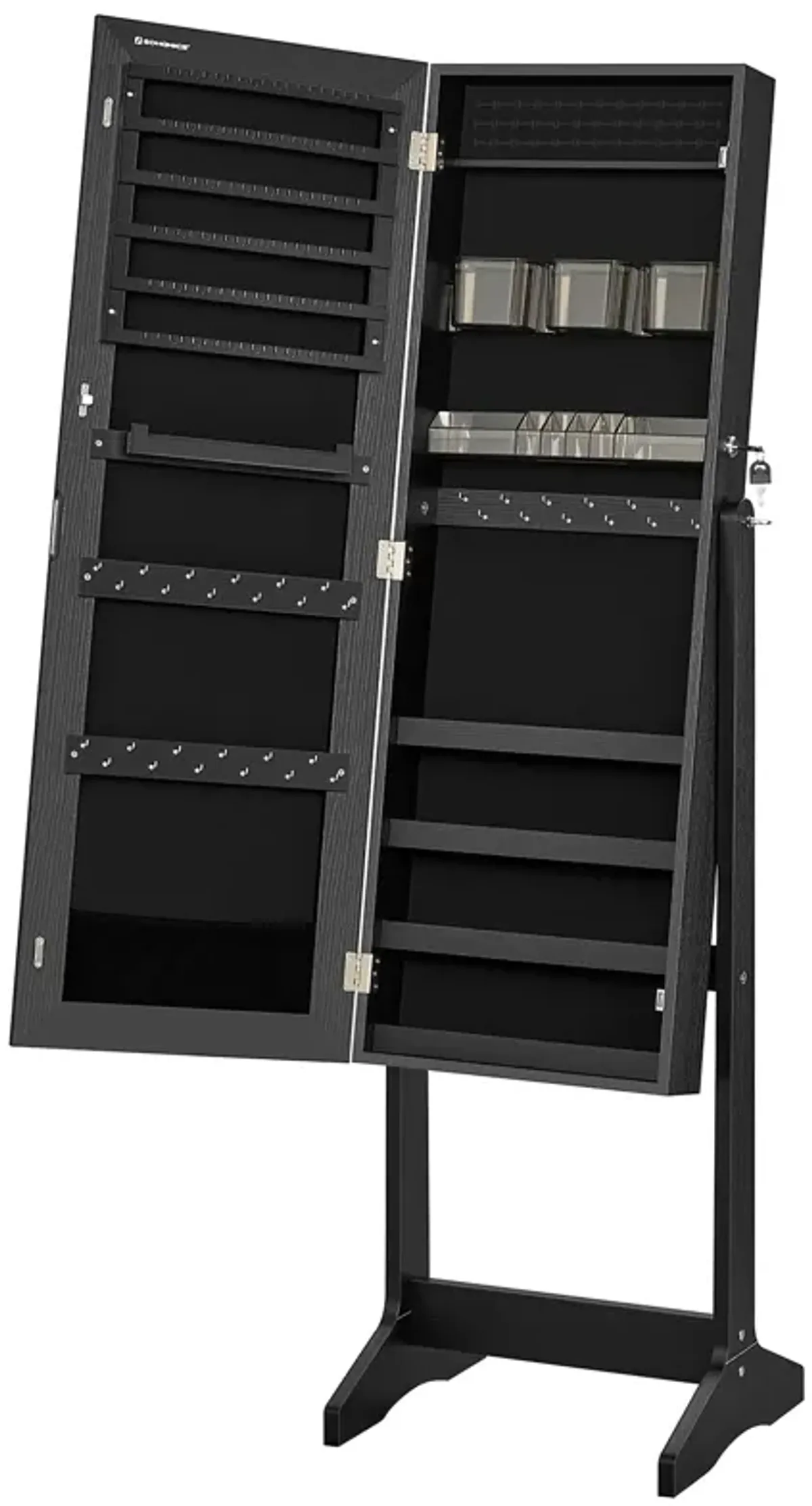 Mirror Jewelry Armoire with Lock, Freestanding Design, and 2 Plastic Cosmetic Storage Compartments