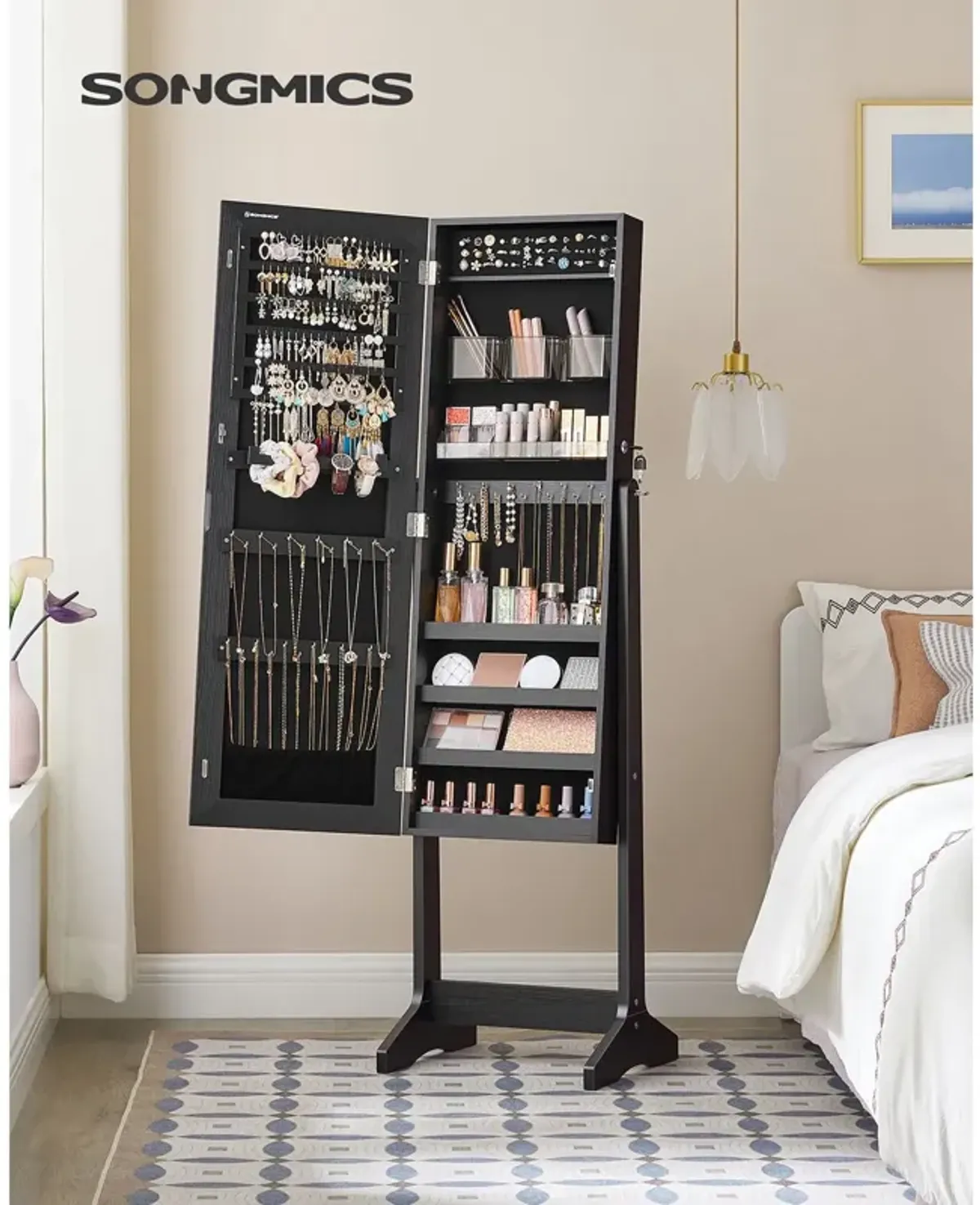 Mirror Jewelry Armoire with Lock, Freestanding Design, and 2 Plastic Cosmetic Storage Compartments