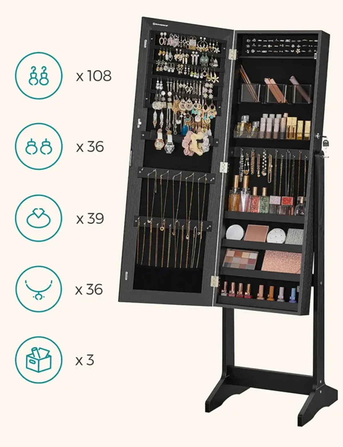 Mirror Jewelry Armoire with Lock, Freestanding Design, and 2 Plastic Cosmetic Storage Compartments