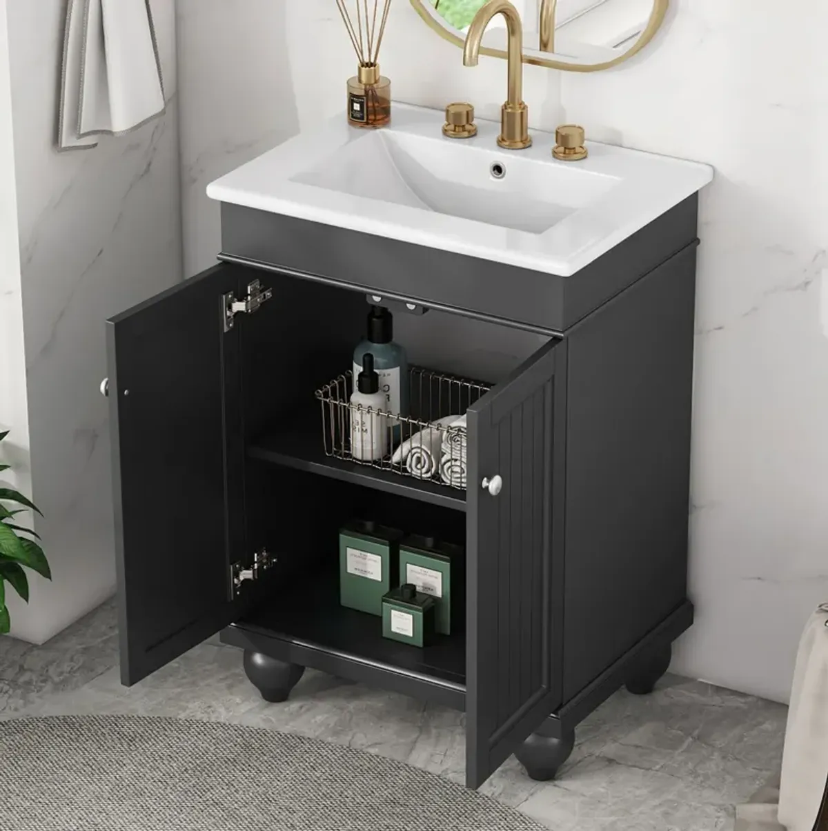 Gewnee 24" Black Modern Sleek Bathroom Vanity Elegant Ceramic Sink with Solid Wood Frame, Adjustable Shelf