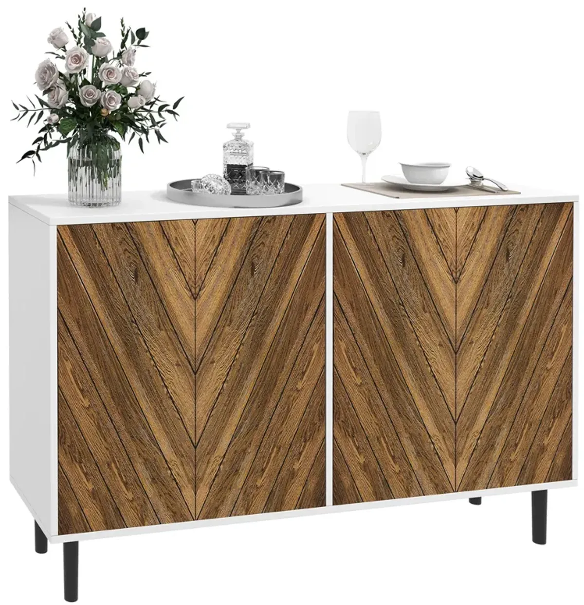 HOMCOM Modern Kitchen Sideboard Buffet Cabinet with Adjustable Shelves, 48" Coffee Bar Cabinet with Chevron Doors and Pine Wood Legs, Brown