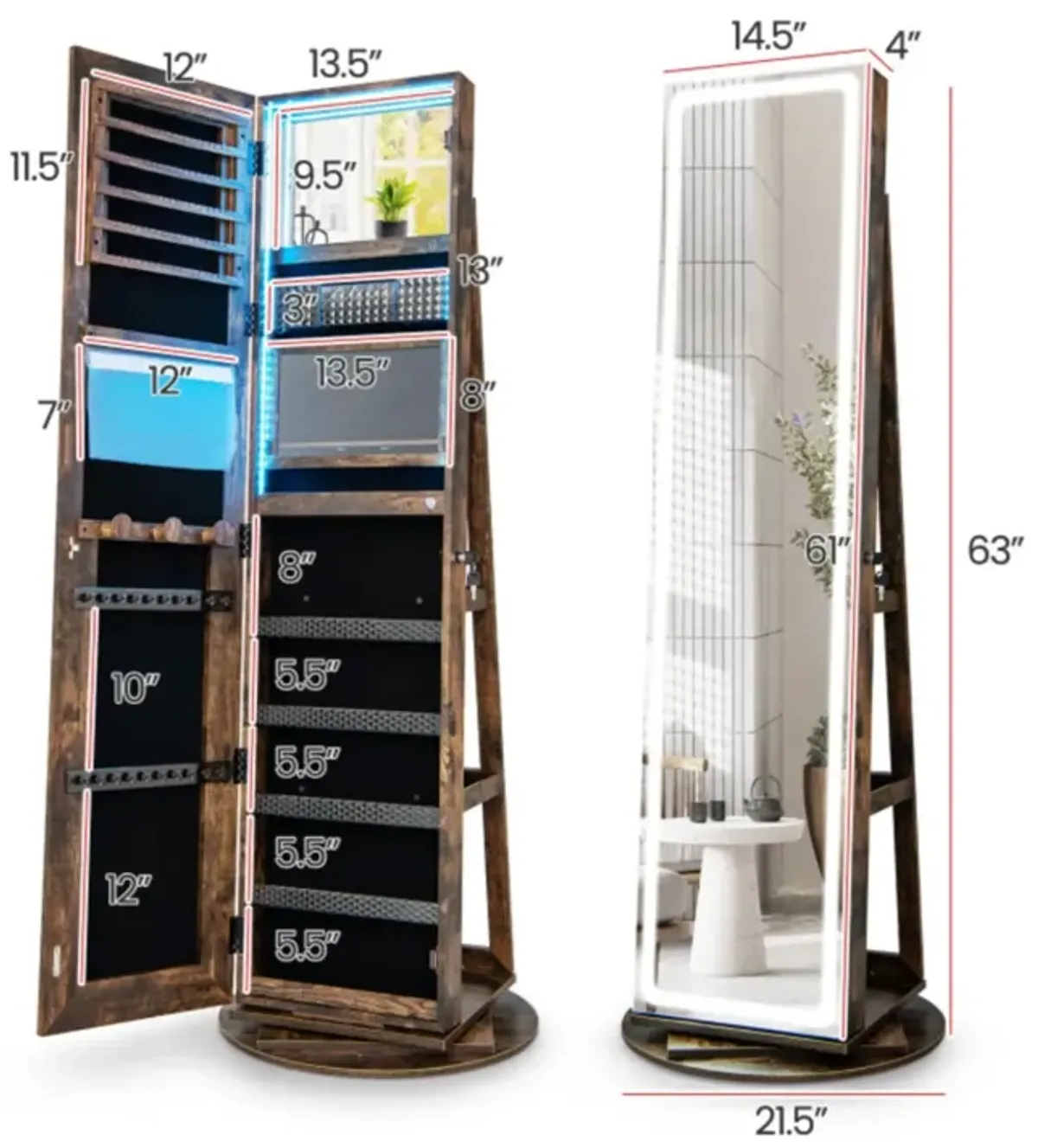 Hivvago Standing Jewelry Cabinet with Adjustable LED Lights