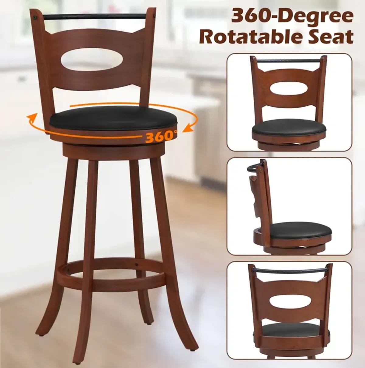 2 Pieces 29 inch Swivel Bar Stools with Curved Backrest and Seat Cushions