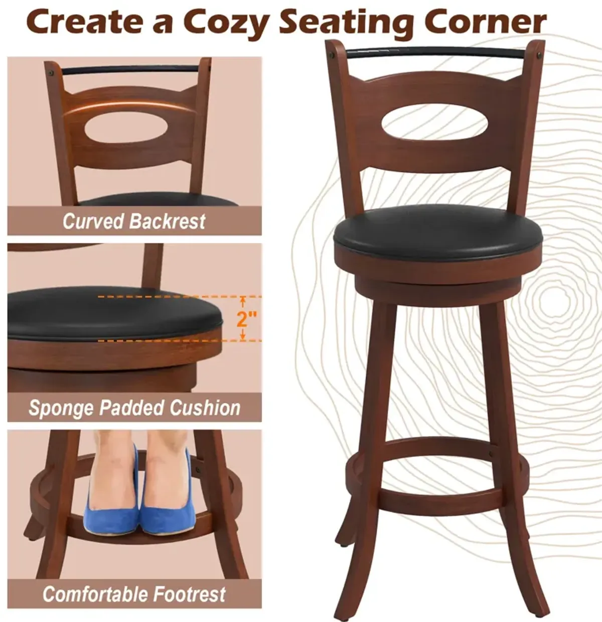 2 Pieces 29 inch Swivel Bar Stools with Curved Backrest and Seat Cushions