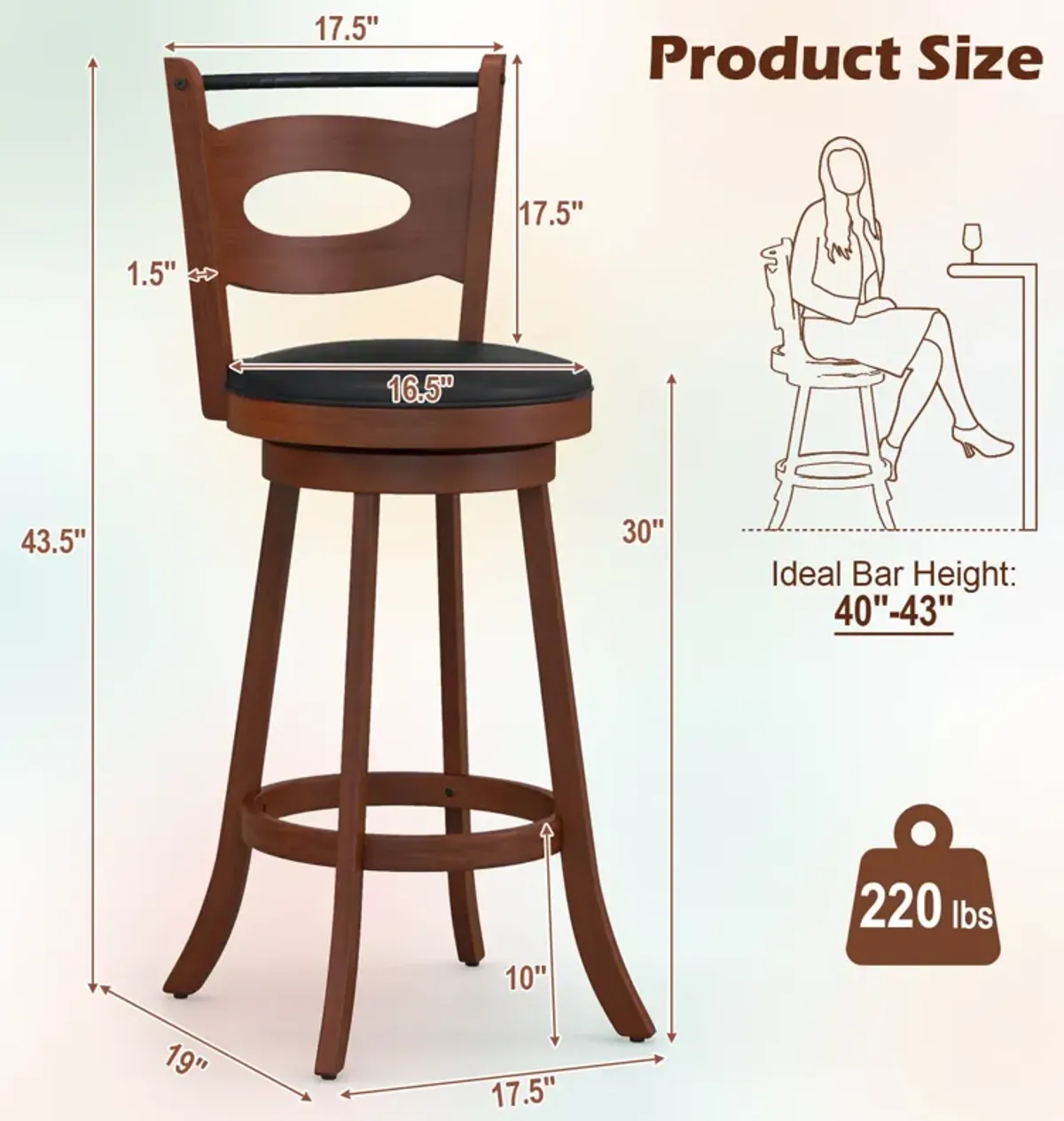 2 Pieces 29 inch Swivel Bar Stools with Curved Backrest and Seat Cushions