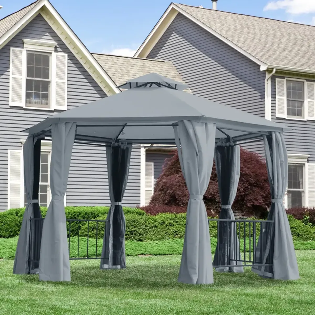 Gray Patio Canopy: 13'x13' Hexagon Gazebo with Double Tier Curtains