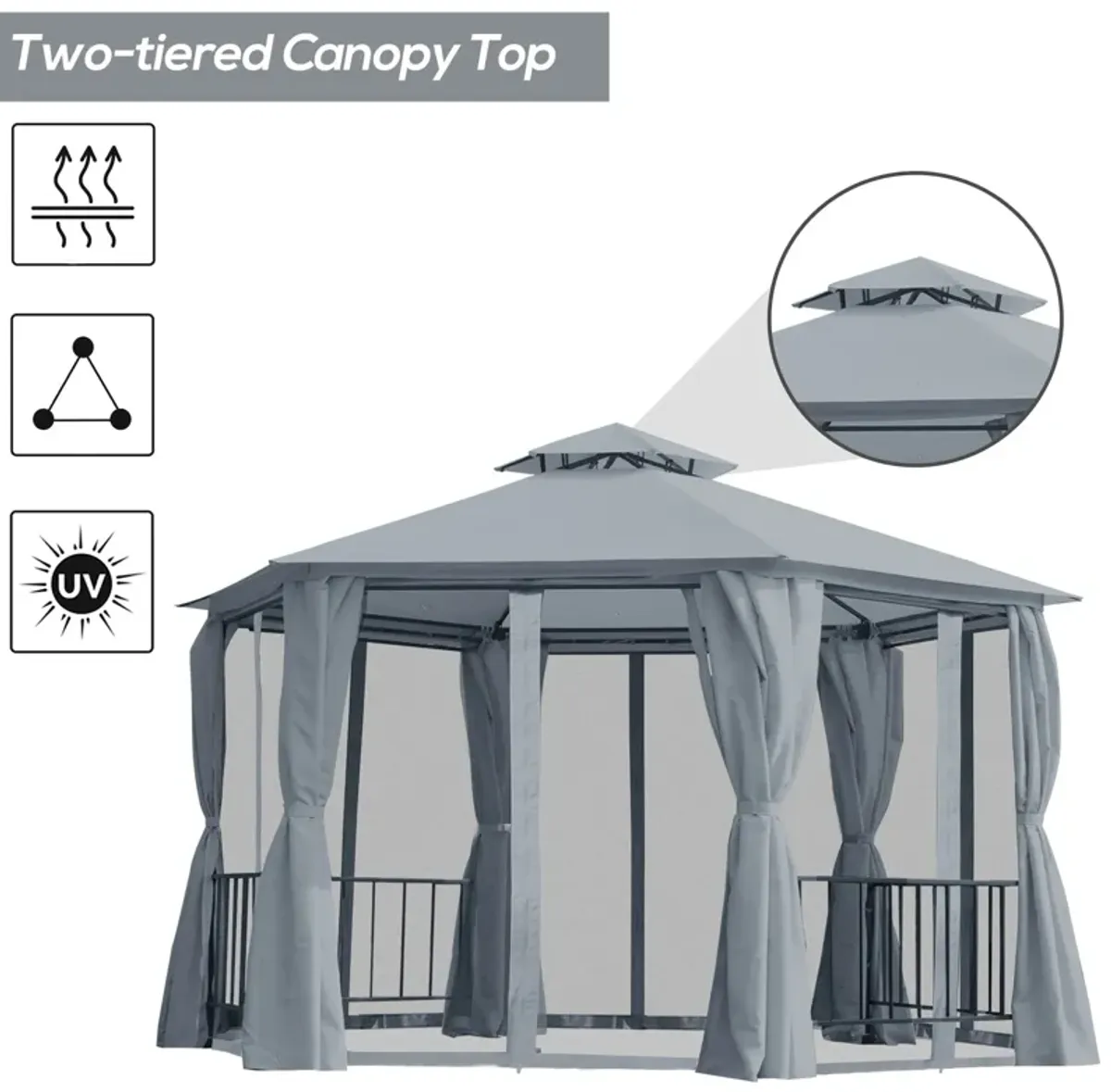 Gray Patio Canopy: 13'x13' Hexagon Gazebo with Double Tier Curtains