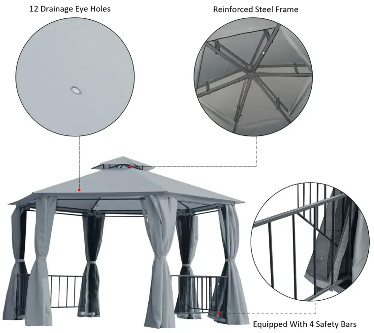 Gray Patio Canopy: 13'x13' Hexagon Gazebo with Double Tier Curtains