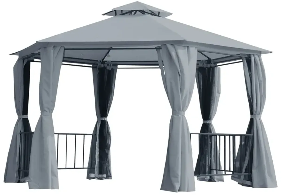 Gray Patio Canopy: 13'x13' Hexagon Gazebo with Double Tier Curtains