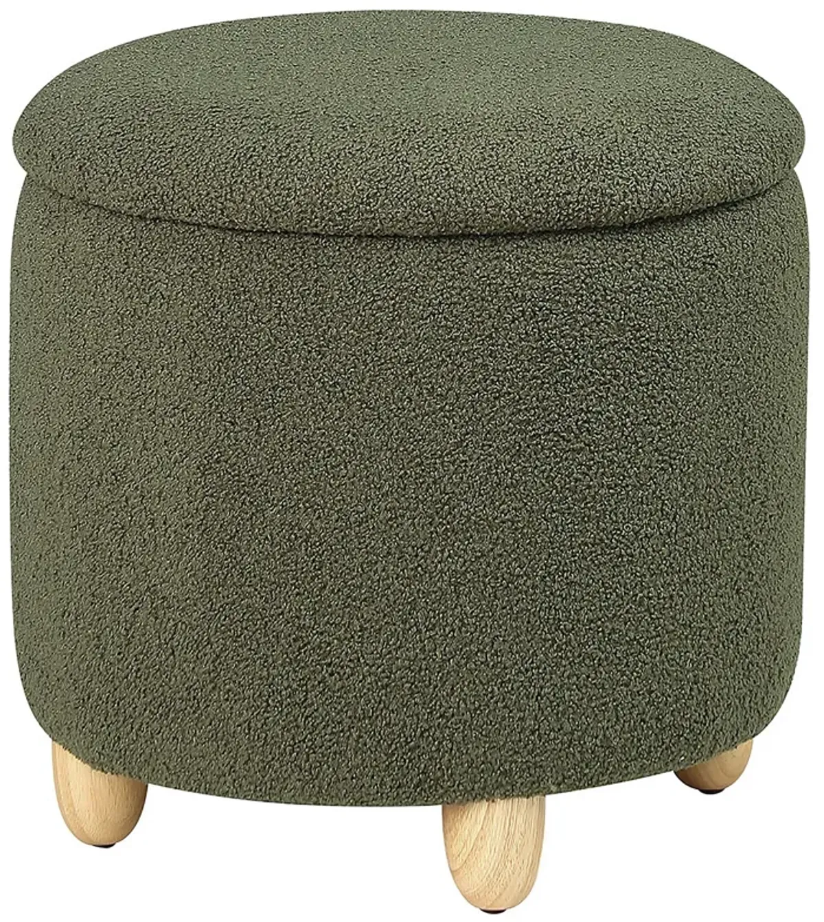 Aia 18 Inch Storage Ottoman, Green Faux Sheepskin, Round Rubberwood Feet - Benzara