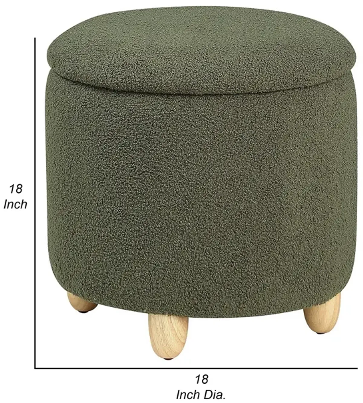 Aia 18 Inch Storage Ottoman, Green Faux Sheepskin, Round Rubberwood Feet - Benzara