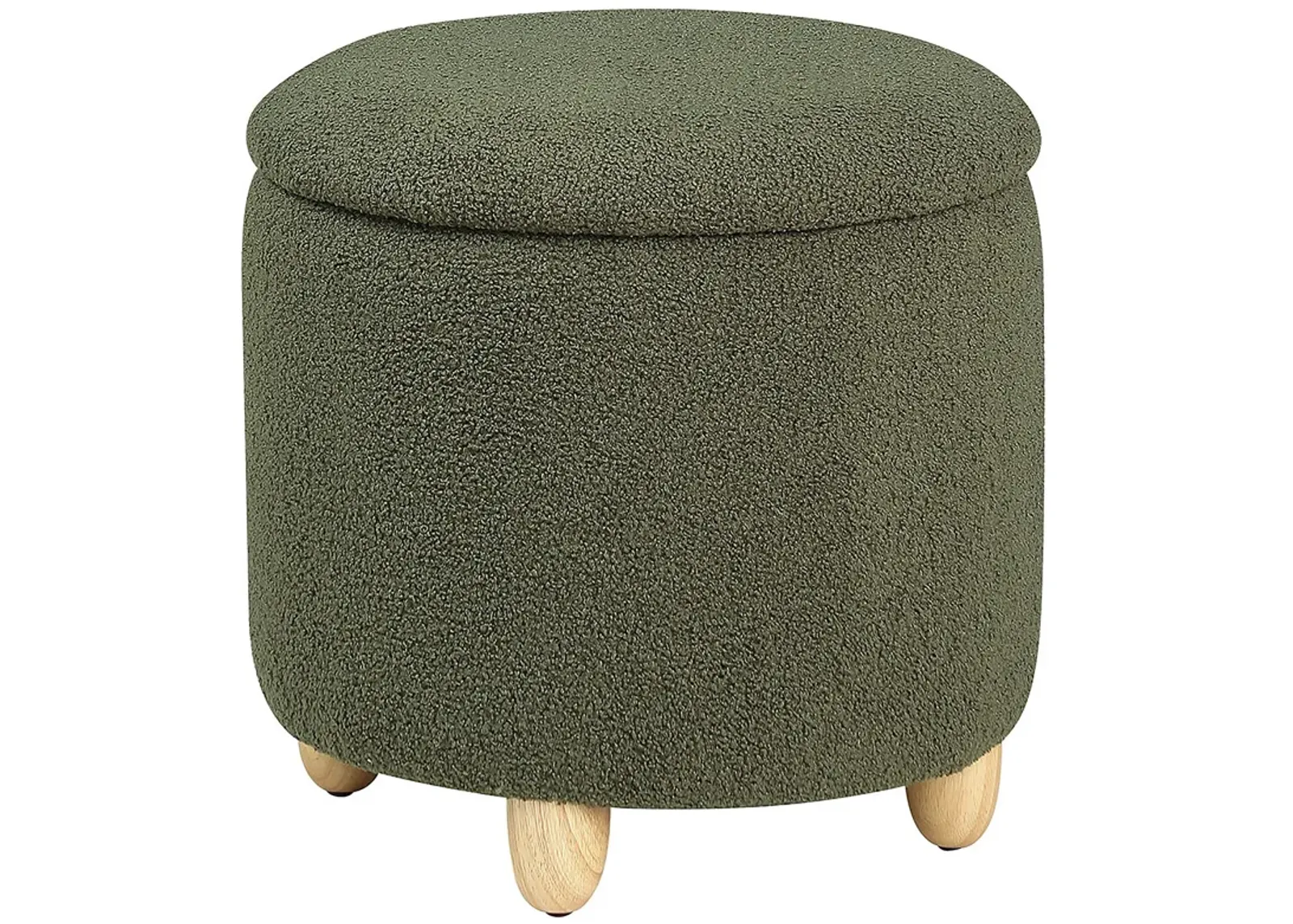 Aia 18 Inch Storage Ottoman, Green Faux Sheepskin, Round Rubberwood Feet - Benzara