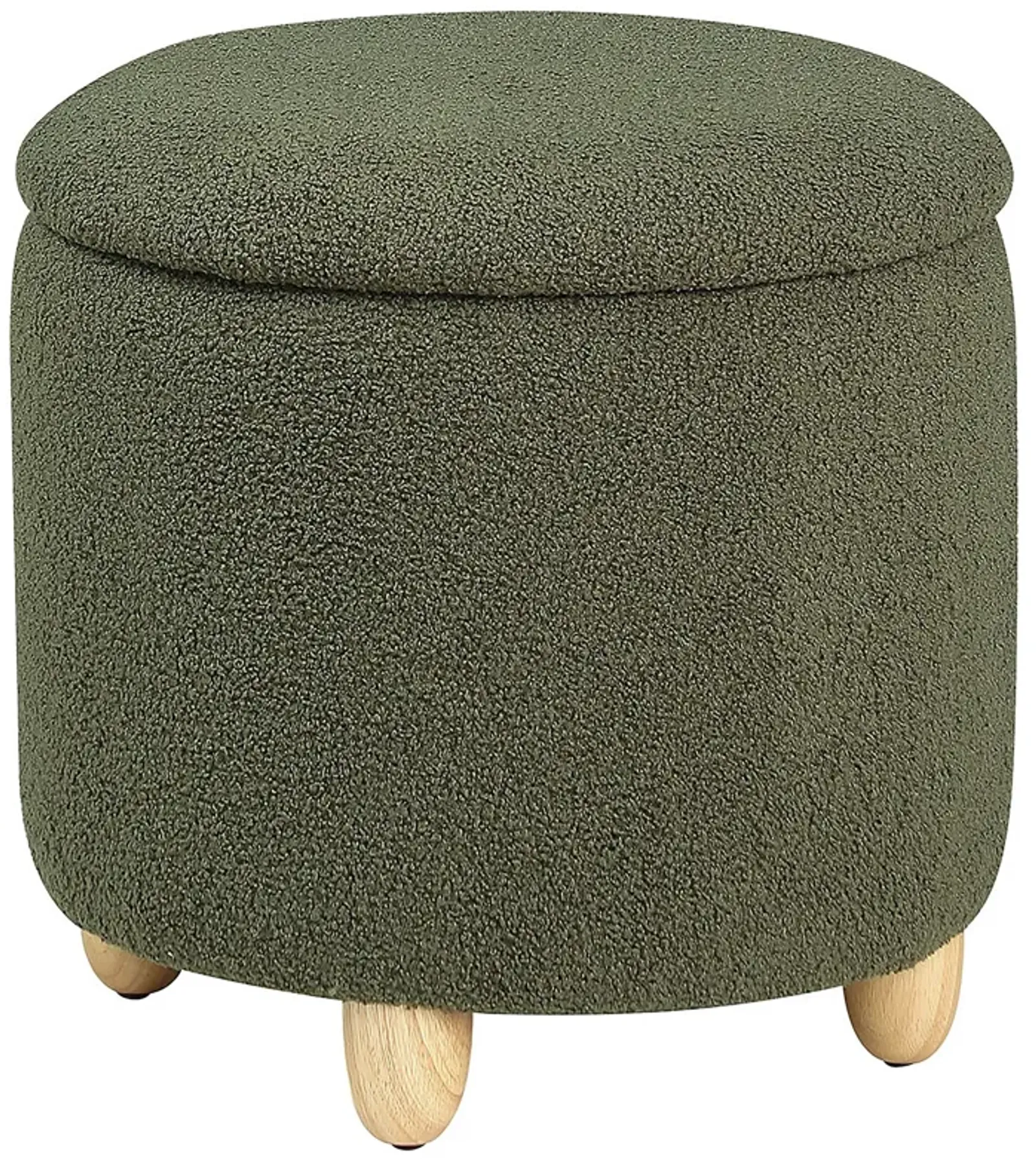 Aia 18 Inch Storage Ottoman, Green Faux Sheepskin, Round Rubberwood Feet - Benzara