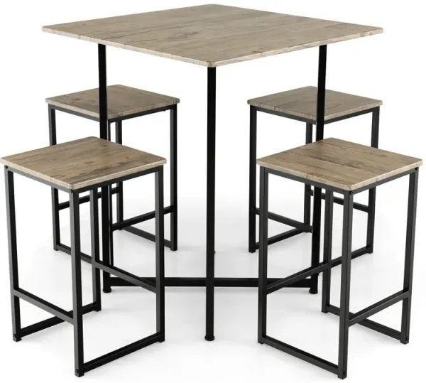 5 Piece Square Space-saving Dining Table Set with 4 Stools