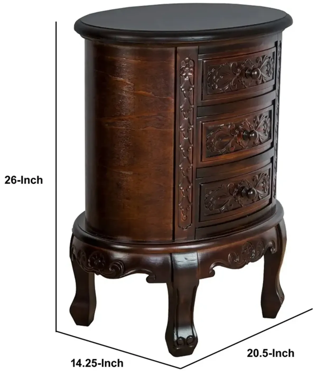 Wooden Chest with 3 Drawer and Scrolled Details, Dark Brown-Benzara