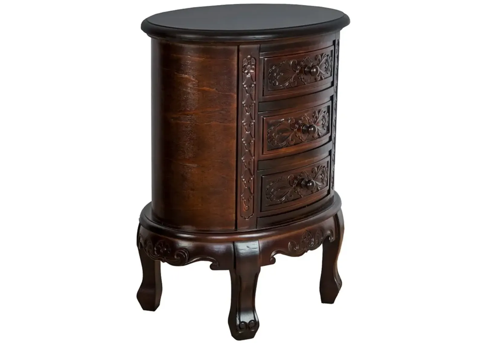 Wooden Chest with 3 Drawer and Scrolled Details, Dark Brown-Benzara