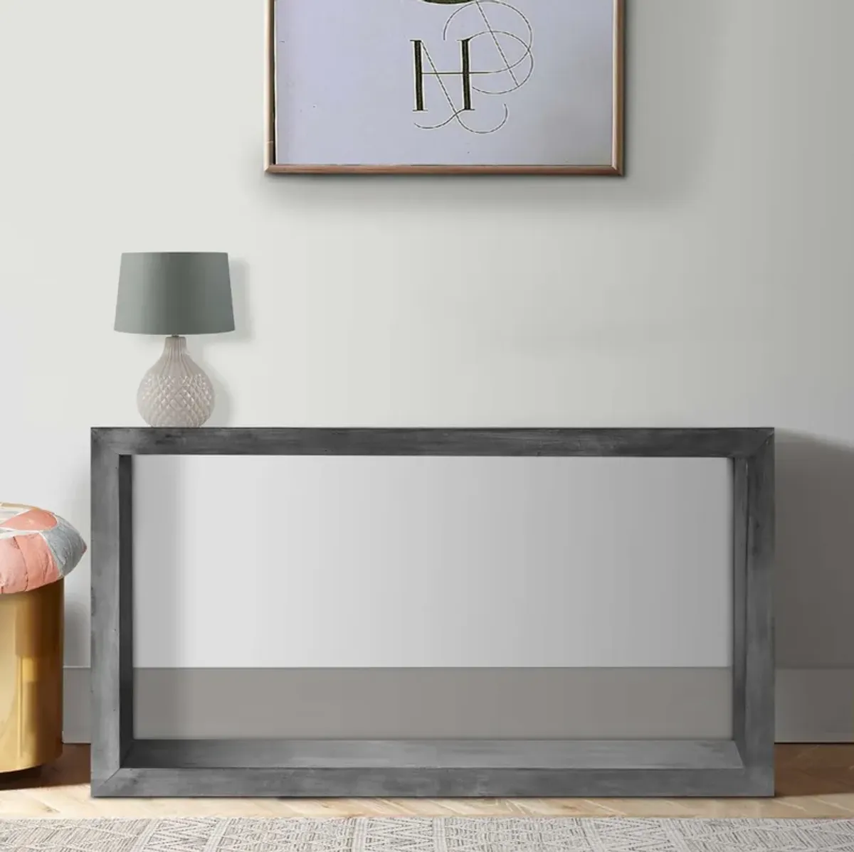 52" Cube Shape Wooden Console Table with Open Bottom Shelf, Charcoal Gray-Benzara