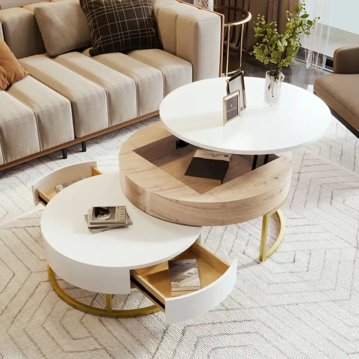 Merax Modern Round Lift-top Nesting Coffee Tables with 2 Drawers