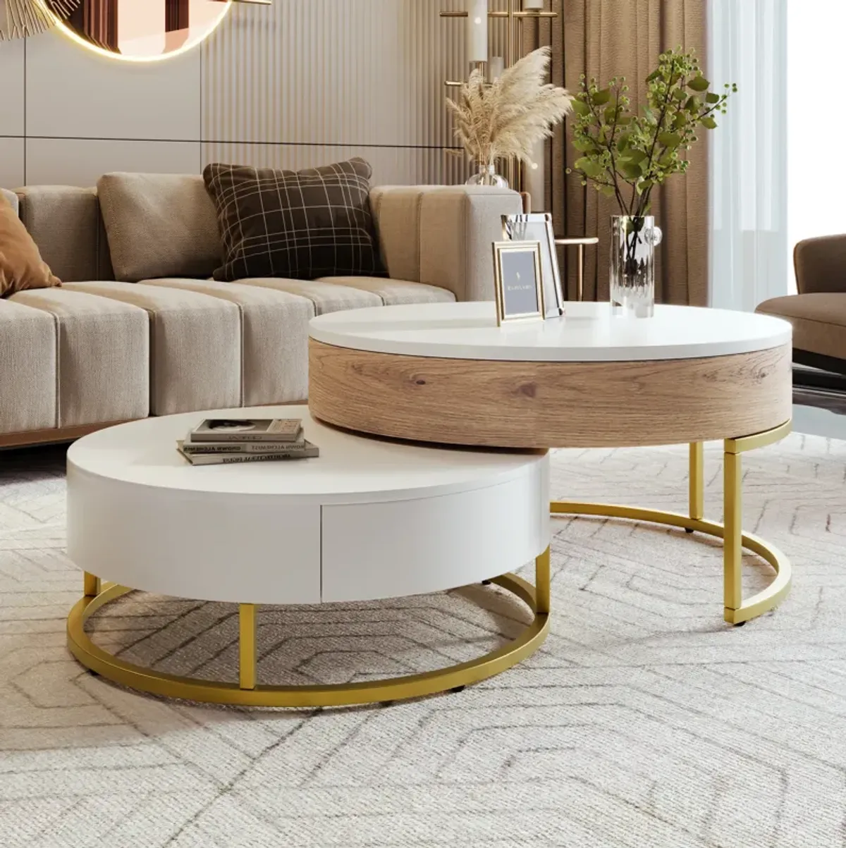 Merax Modern Round Lift-top Nesting Coffee Tables with 2 Drawers