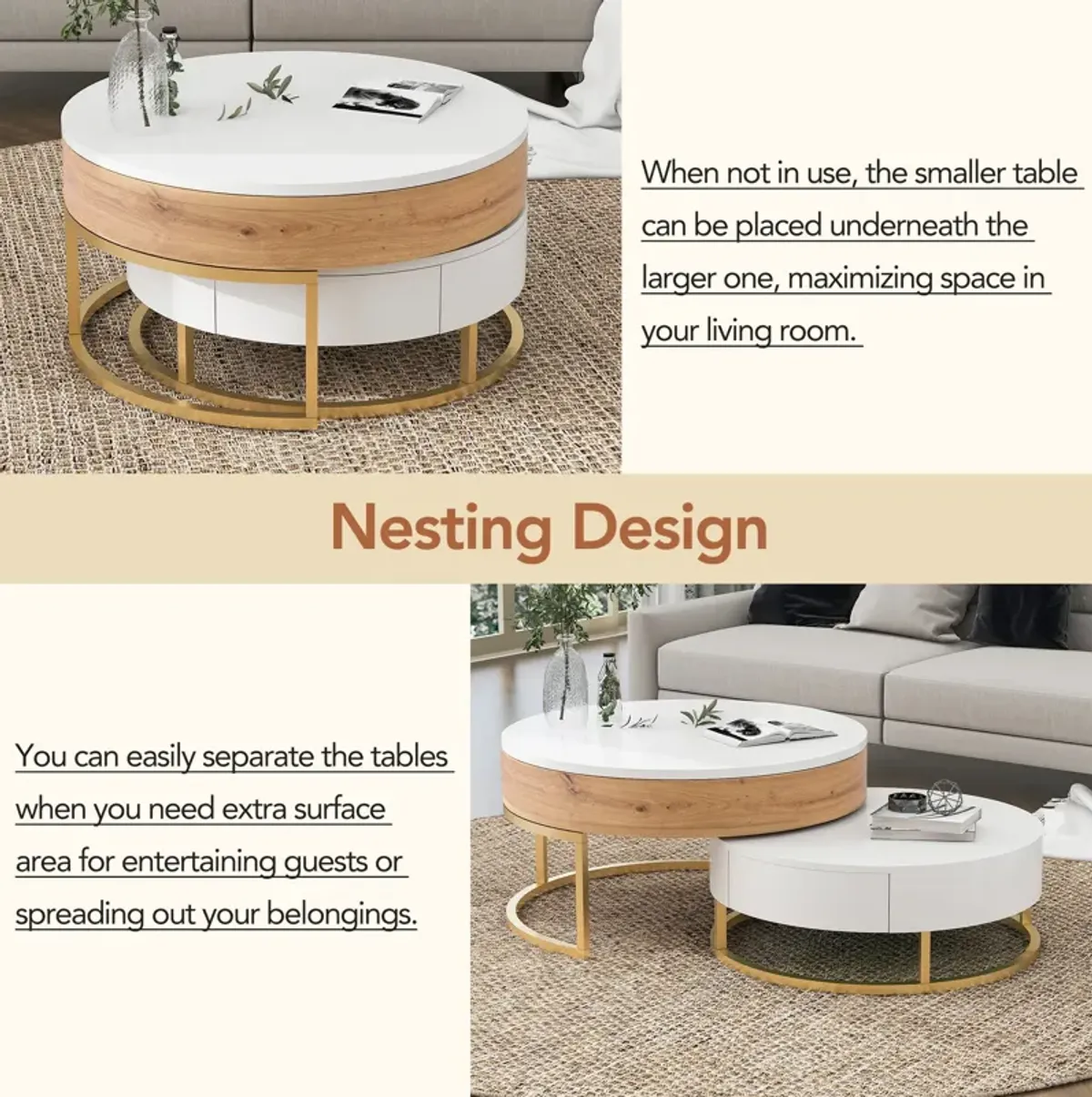 Merax Modern Round Lift-top Nesting Coffee Tables with 2 Drawers