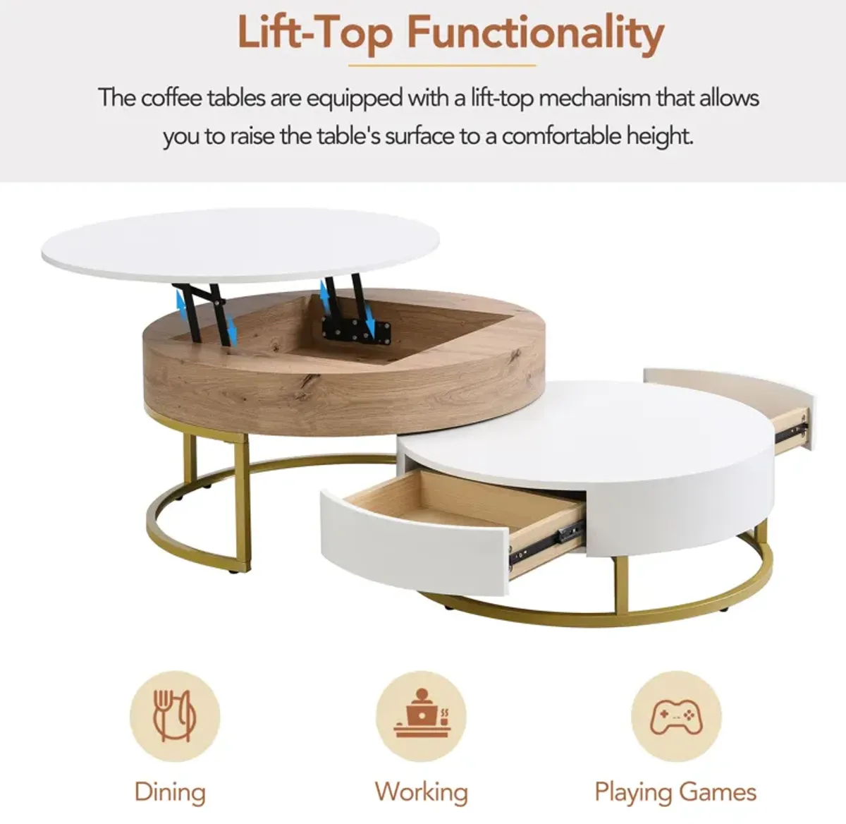 Merax Modern Round Lift-top Nesting Coffee Tables with 2 Drawers